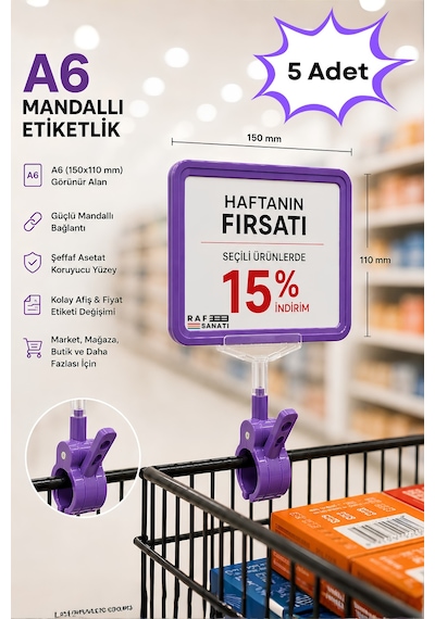 5 Adet - A6 Fiyatlık Mandallı Etiketlik Sepet Raf Askılık Fiyat Etiketi Çerçeveli Market Mağaza Mor