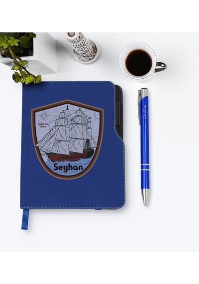 Kişiye Özel Gemi Tasarımlı Lacivert Termo Deri Defter Kalem Seti- N11.2120