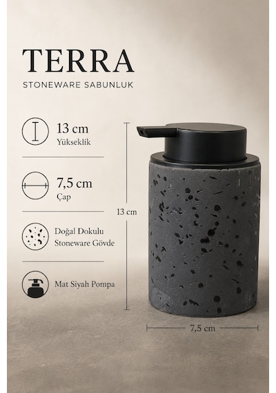 Terra Stoneware Traverten Dokulu Siyah Pompalı Dekoratif Sıvı Sabunluk 500 Ml , 13 X 7.5 Cm