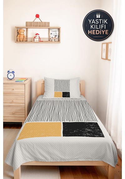 Geometrik Çizgili Sarı Genç Odası Tek Kişilik Pike Takımı - Siyah 160x220 Cm Kapitone Yatak Örtüsü Keten Köy Anısı