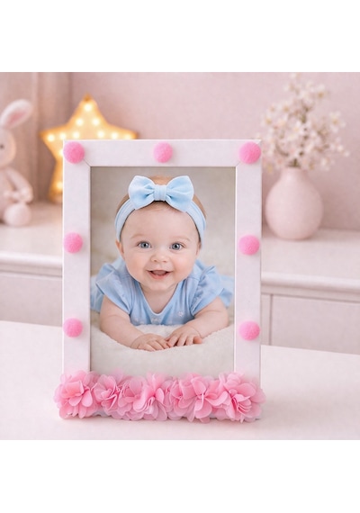 Kız Bebek Odası Avize Ve Çerçeve Seti Pembe Bulut Yıldızlı El Yapımı 30x20 Cm Şeker Pembe