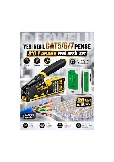 Yeni 2026 3in1 Profesyonel Ağ Kurulum Seti Yeni Nesil Cat5 Cat6 Cat7 Network Ethernet Kablo Pensesi Kesme Soyma Sıkma Kilitleme Fonksiyonlu - Dijital Kablo Test Cihazı Master Remote - 30lu Rj45 Jack