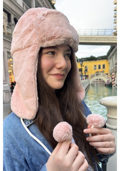 Mollycrush Genç Pembe Peluş Ponponlu Pilot Şapka Uniseks Kışlık Ushanka Tarzı Pembe
