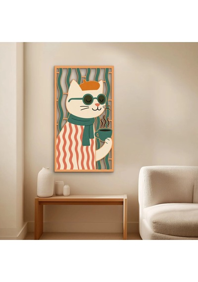 Gözlüklü Kahveci Kedi - Metal Tablo - Dec0329 36 X 65 Cm Çok Renkli