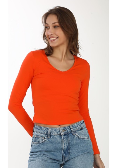 V Yaka Slim Fit Tişört-mercan Mercan