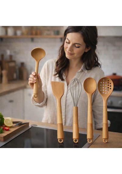 Ayrex Silikon Mutfak Pişirme Gereçleri Seti, 5 Parça Yapışmaz Mutfak Gereçleri Seti Ahşap Saplı Spatula Seti Is Diğer