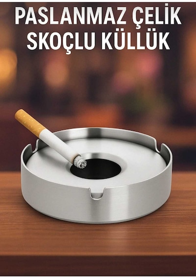 Paslanmaz Çelik Metal Kül Tablası - Kapaklı Rüzgar Geçirmez Küllük Metal Gri Yuvarlak