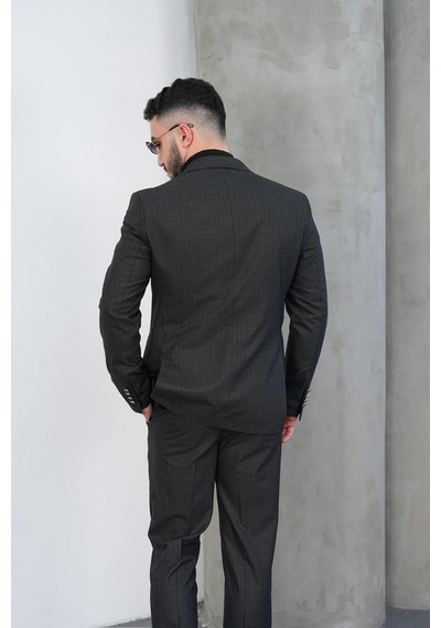 Dupont Classics Dupont Slim Fit Sivri Yaka 6 Drop Çift Yırtmaç Çizgili Viskon Kruvaze Erkek Takım Elbise Antrasit - Gri