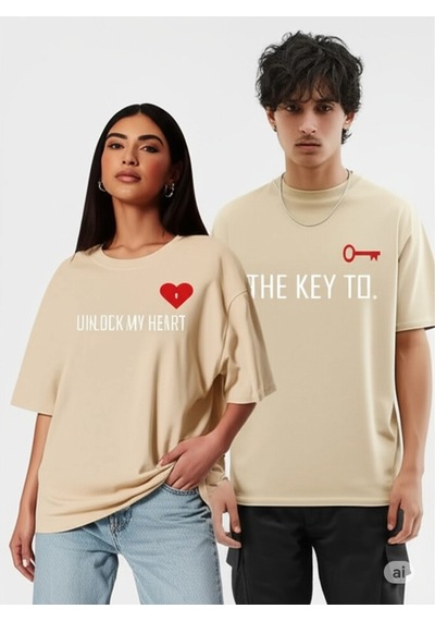 Nevermind Unisex Çift Erkek Kadın Tişört 2li Set Takım The Key To Baskılı Sevgili Kombini Bej
