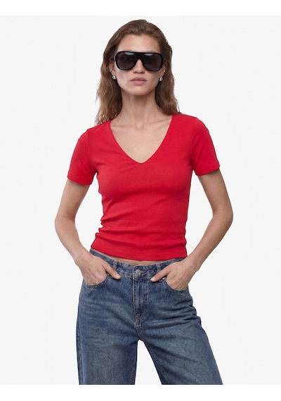 Koton Pamuklu Slim Fit Kısa Kollu V Yaka Tişört Kırmızı 6sak50425ek