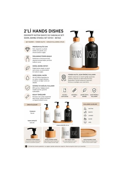 2 Li Hands Dishes Siyah Beyaz Cam Sıvı Sabunluk Seti 500 Ml, Bambu Standlı Dekoratif Mutfak &am Beyaz,siyah