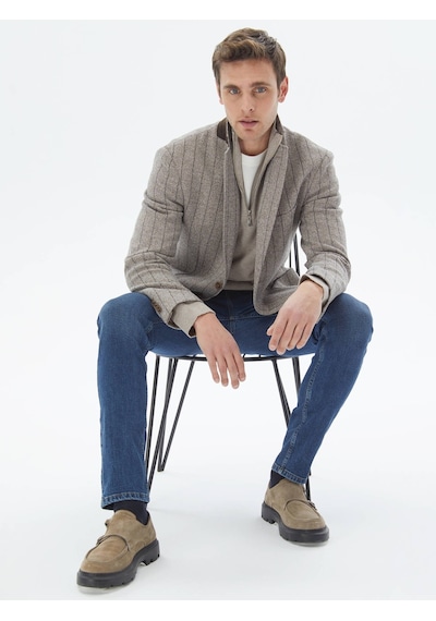 Kip Kahverengi Çizgili Modern Fit Pamuk Karışımlı Örme Ceket Kahverengi