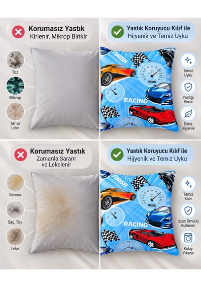Kapitone Fermuarlı Yastık Alezi 50x70 Cm Pamuklu Yastık Koruyucu Kılıf Elyaf Dolgulu Mavi Araba