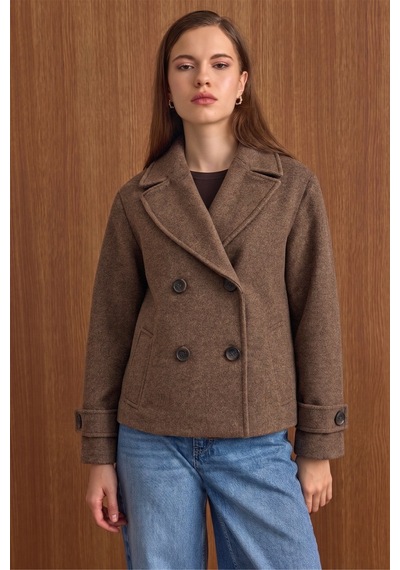 Olcay Ceket Yaka Oversize Kısa Kaban Kahve 3204 Kahverengi