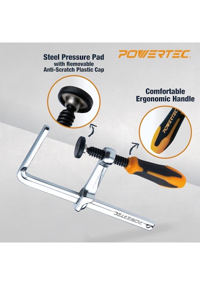 Powertec 71409 Hızlı Vidalı Kılavuz Ray Kelepçesi, Mft Ve Kılavuz Ray Sistemi İçin, 17,78 Cm Kapasite X 6,02 Cm Boğaz Derinliği, 181 Kg Sıkıştırma Kuvveti, 2 Paket