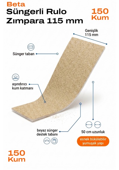115 Mm Süngerli Rulo Zımpara 150 Kum 50 Cm Esnek Yumuşak Tabanlı