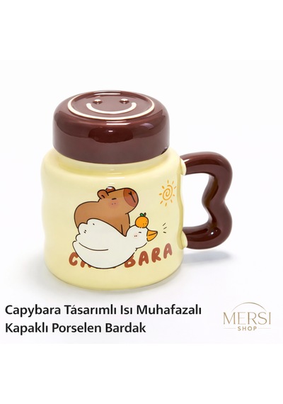 Capybara Tasarımlı Kapaklı Porselen Kupa Bardak Isı Muhafazalı Sevimli Kupa Kahverengi