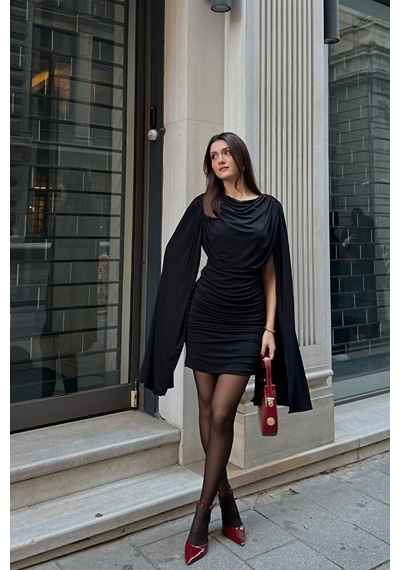 Kadın Drape Detaylı Mini Elbise Şık, Uzun Kollu, Davet Elbisesi-kırmızı - M Siyah