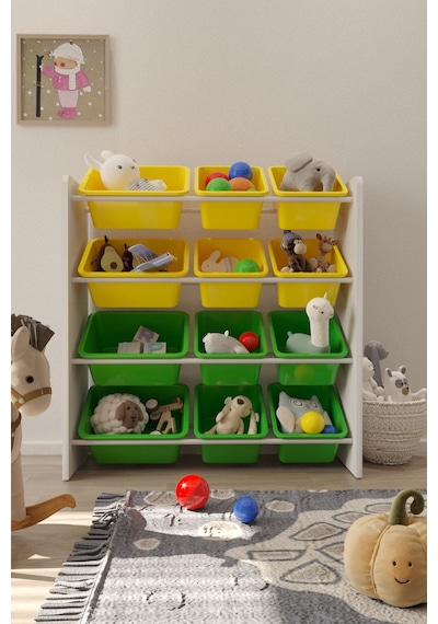 12 Sepetli Çok Amaçlı Oyuncak Dolabı Montessori Dolap Sarı-yeşil Sarı - Yeşil