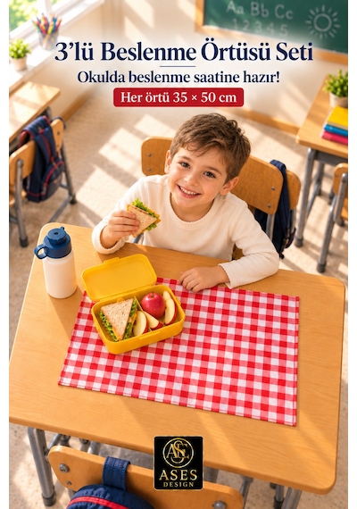3 Lü Set Yıkanabilir Beslenme Örtüsü 35x50 Cm Kırmızı Beyaz Kareli - Anaokulu Ve İlkokul