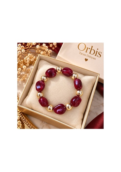 Otantik Bordo Boncuklu Gold Detaylı Kadın Bileklik Bordo Bordo