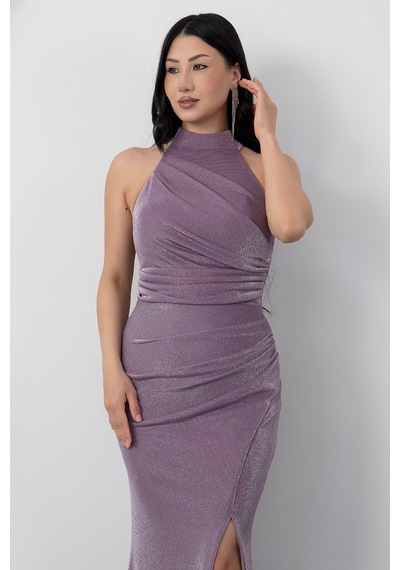 Kalopya Halter Yaka Yırtmaçlı Simli Elbise Drp0013 Lila