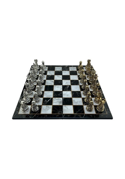 Gifthome Premium Battal Boy Metal İşlemeli Klasik Satranç Takımı Ve Katlanır Mermer Desenli Mdf Satranç Tahtası 43x43 Cm.