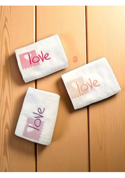 30x50 Cm Kadife 3lü Love Nakışlı Mutfak Havlusu El Havlusu Yüz Havlusu Seti Açık Krem