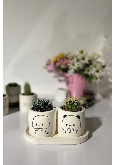 Tabaklı Şirin Cute Çizim Desenli Saksı Seti
