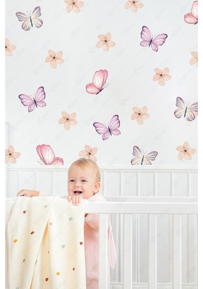 Soft Renklerde Kelebekler Ve Çiçekler Çocuk Bebek Odası Cam Duvar Sticker Seti