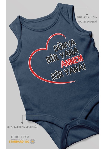 Morivokids Dünya Bir Yana Annem Bir Yana Sıfır Kollu Bebek Zıbını %100 Pamuk Lacivert