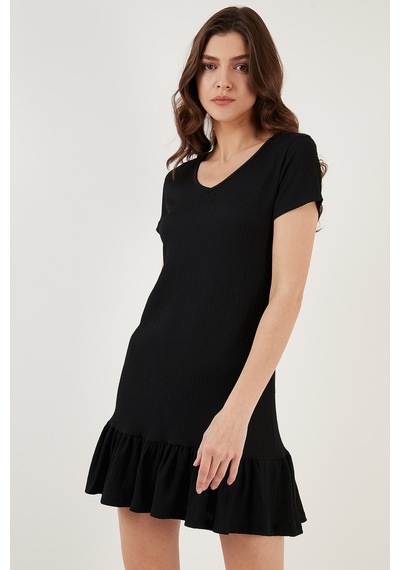 Lela Regular Fit Fırfırlı V Yaka Bürümcük Mini Bayan Elbise 5865071 Siyah