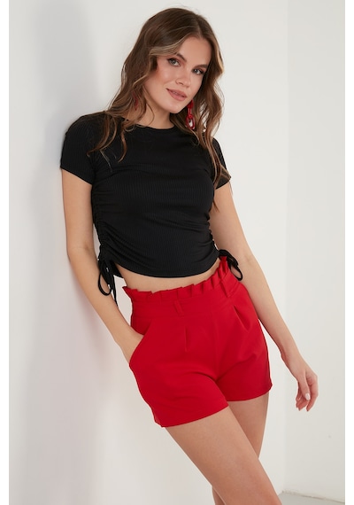 Lela Yanlardan Büzgülü Kısa Kollu Crop Bayan Bluz 5864010 Siyah