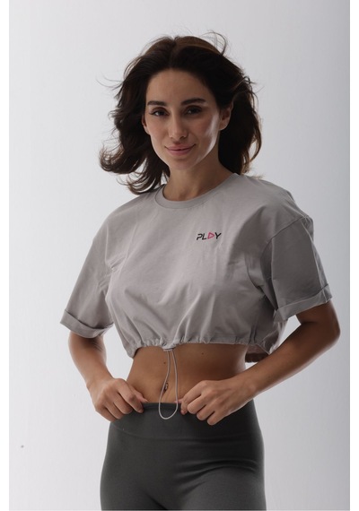 Crop Gri Kısa Belden Lastikli Tişört Gri