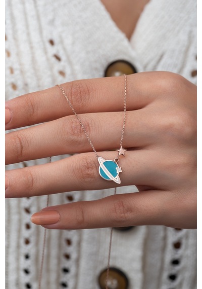 Papatya Silver Mini Gezegen Kolye Mavi Mine Dolgulu Rose Altın Kaplama 925 Ayar Gümüş UVPS100860