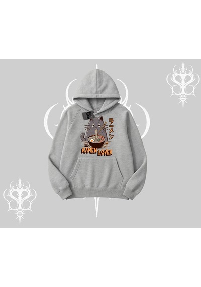 Startmore Kapşonlu Sweatshirt Ramen Lover Kedi Anime Baskılı Gri