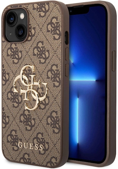 Apple Uyumlu iPhone 15 Plus Kılıf Guess Lisanslı Pu Deri Yazı Ve 4g Metal Logolu Desen Kahverengi