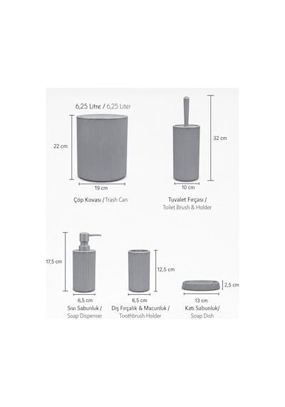 5 Li Banyo Seti Çizgili Tasarım 6,25 L Çöp Kovası + Wc Fırçası + Sıvı Sabunluk + Diş Fırçalık + Katı Sabunluk Modern Banyo Aksesuar Seti Gri 5 Li Banyo Seti Çizgili Tasarım 6,25 L Çöp Kovası + Wc Fırçası + Sıvı Sabunluk + Diş Fırçalık + Katı Sabunluk Modern Banyo Aksesuar Seti Gri