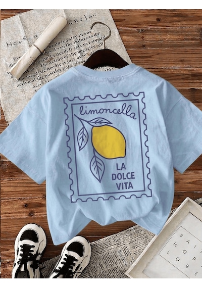 Limoncella "la Dolce Vita" Baskılı Oversize Pamuklu Kadın T-shirt Turkuaz