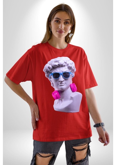 Kulaklık Gözlük Pop Art Heykel Pamuklu Bisiklet Yaka Unisex Oversize Boyfriend Dijital Baskılı Kırmızı T-shirt Kırmızı