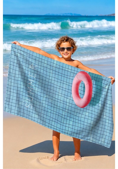 Marine Modern Mikrofiber Plaj Havlusu - Mavi Pembe Geometrik Havuz Deniz Hızlı Kuruyan Havlu Çiy İncir