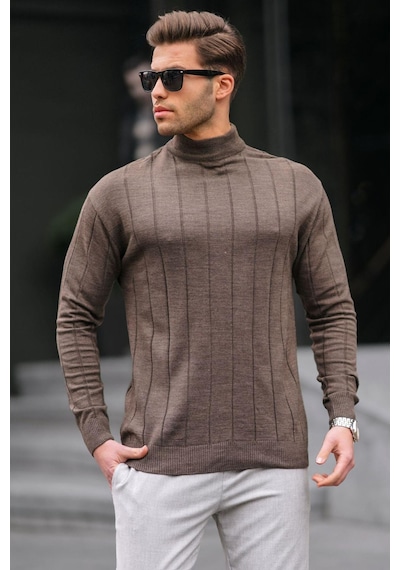 Madmext Koyu Kahverengi Slim Fit Yarım Balıkçı Yaka Çizgili Tüylenmeyen Erkek Triko Kazak 6344 Madmext Koyu Kahverengi Slim Fit Yarım Balıkçı Yaka Çizgili Tüylenmeyen Erkek Triko Kazak 6344