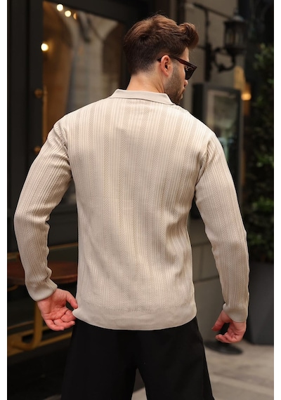 Madmext Taş Rengi Polo Yaka Desenli Over Fit Erkek Triko Kazak E7517