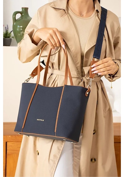 Just Polo Kadın Günlük Kullanıma Uygun Büyük Boy Ayarlanabilir Askılı Lüks El & Omuz Çantası Shoulder Bag Lacivert - Taba