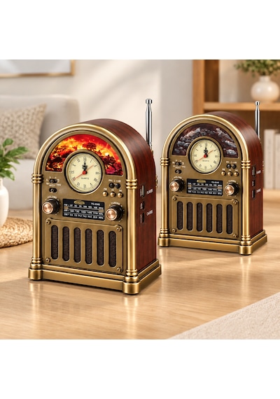 Saatli Retro Şömine Radyo Hoparlör - Bluetooth Usb Type-c