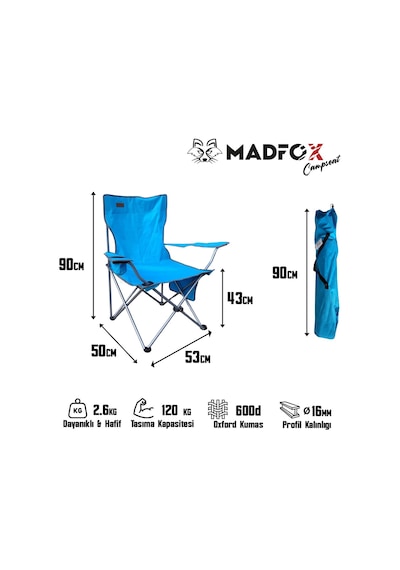 Madfox Campseat X90 Katlanır Kamp Sandalyesi Taşıma Çantalı Mavi