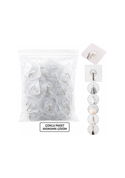 İbico İ17-023 Askı 10 Adet Tekli Metal Uçlu Mika Kristal Pls. Tabanlı Şeffaf Pvc Yapışkanlı Montaj - 25'li Paket