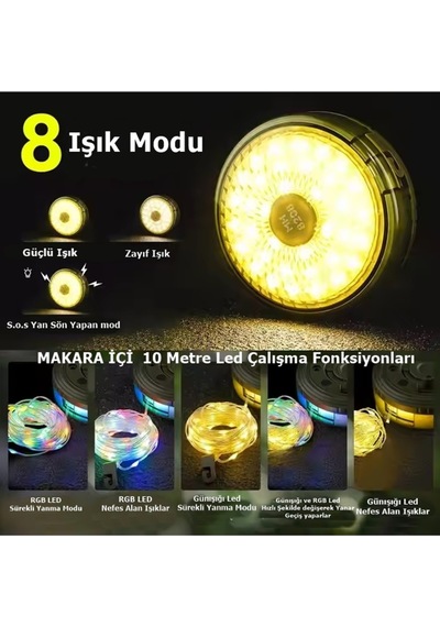 Şarjlı Type-c 8 Mod Rgb+ Günışığı Renk 10 Metre Makara Led - İp Led - Su Geçirmez Lamba - Powerbank Karışık