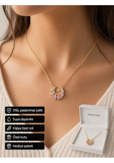 Pembe Taşlı Butterfly Ay Yıldız Kolye Altın Renk Kadın Hediye Altın - Gümüş
