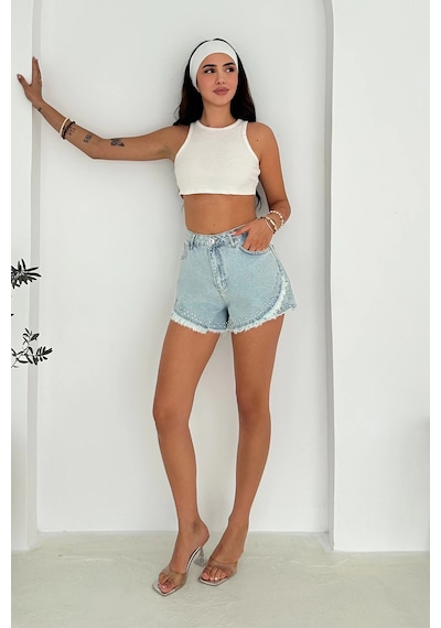 Püskül Taş Detaylı Denim Şort Mavi